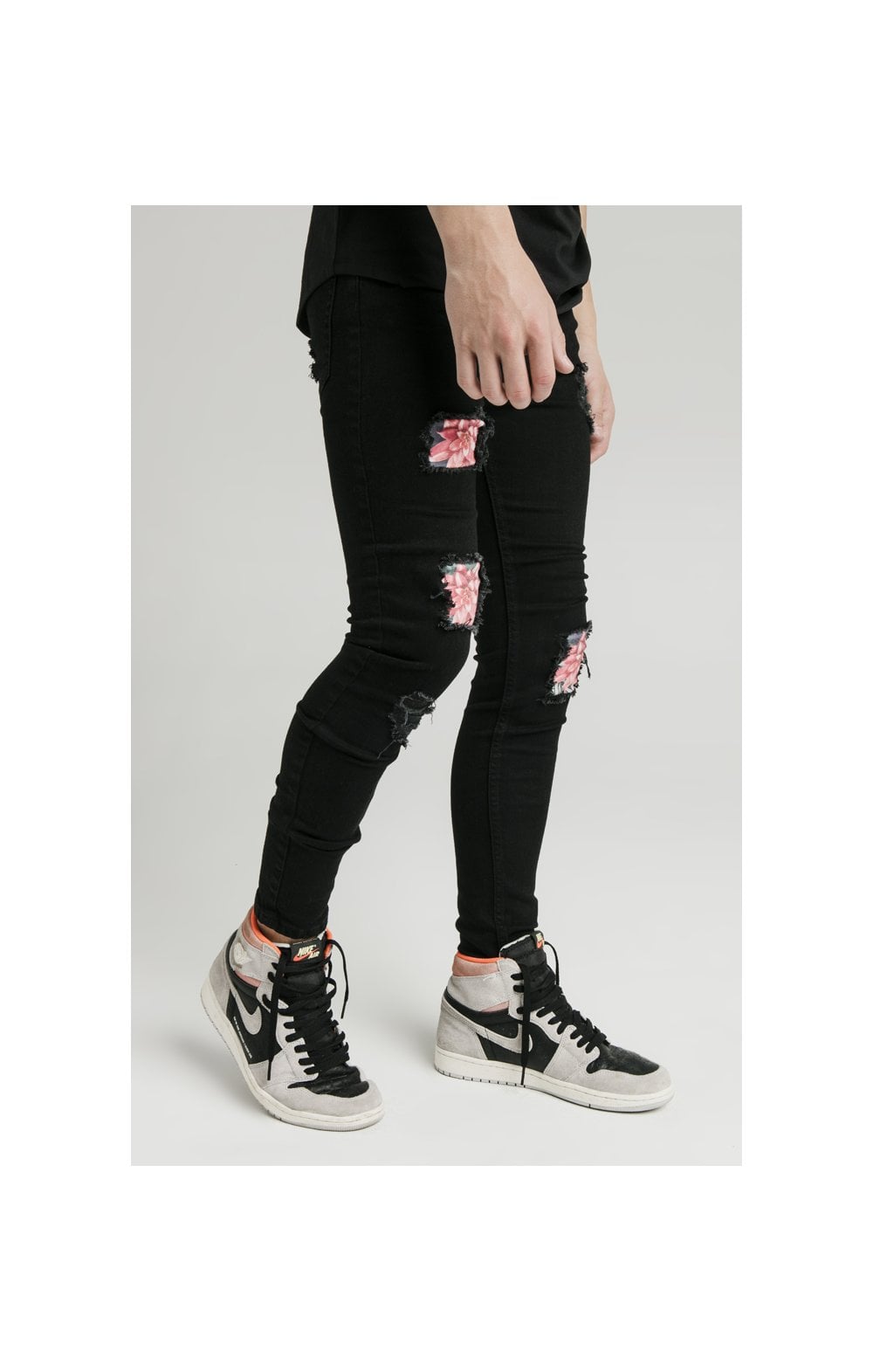 Illusive London Distressed Floral Patch Jeans - Black & Floral (1)